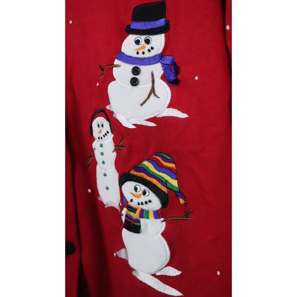 NWT Bechamel Red Christmas Sweater Button Down Snowman Embroidered Large - Picture 5 of 8